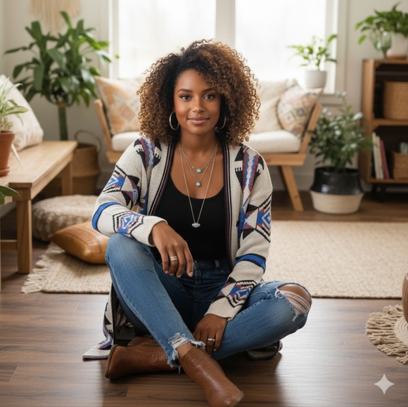 🌿GeeGee Women's Small/Medium Longsleeve Acrylic Aztec Tan Split Hem Cardigan - Picture 11 of 14